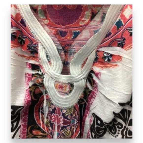 One World Women’s Short Sleeve Deep V Paisley Boho Top, White, size M - Picture 6 of 10